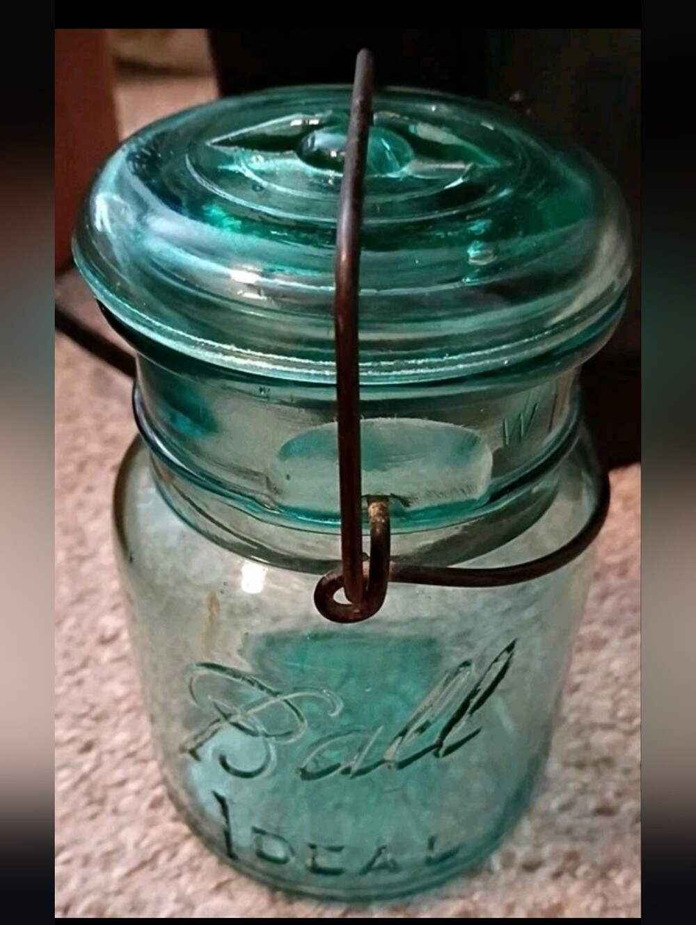 Vintage Blue Aqua Ball Wire Close Jar Patented July 14 1908 Collectable